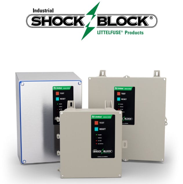 Three industrial Shock Block Littelfuse products of varying sizes with control panels labeled "Test" and "Reset.
