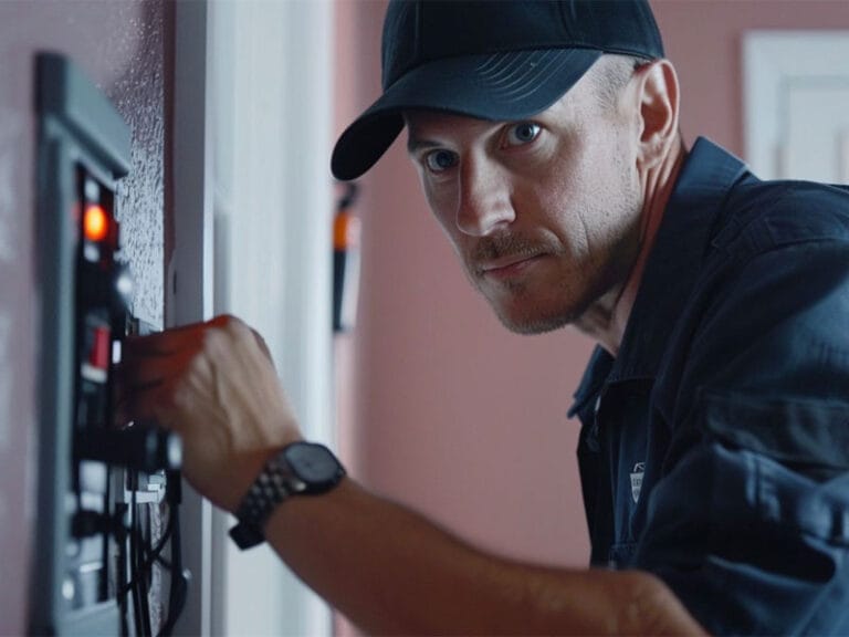 A person wearing a cap and a dark shirt adjusts a panel with switches on a wall.