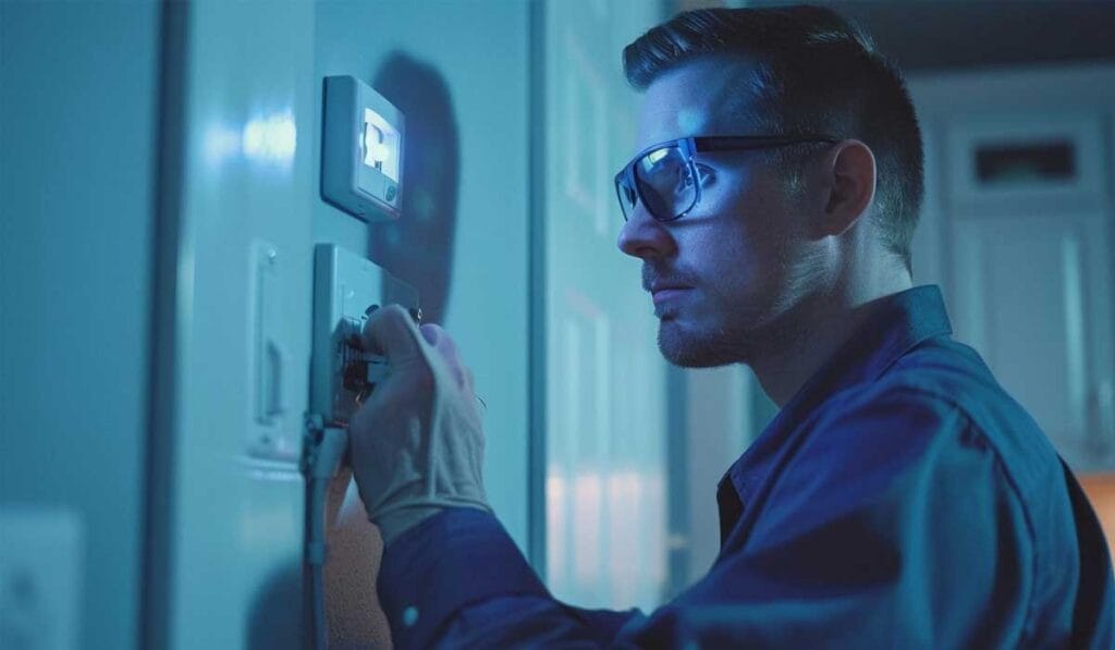 A man wearing safety glasses adjusts a thermostat on a wall, illuminated by blue light.