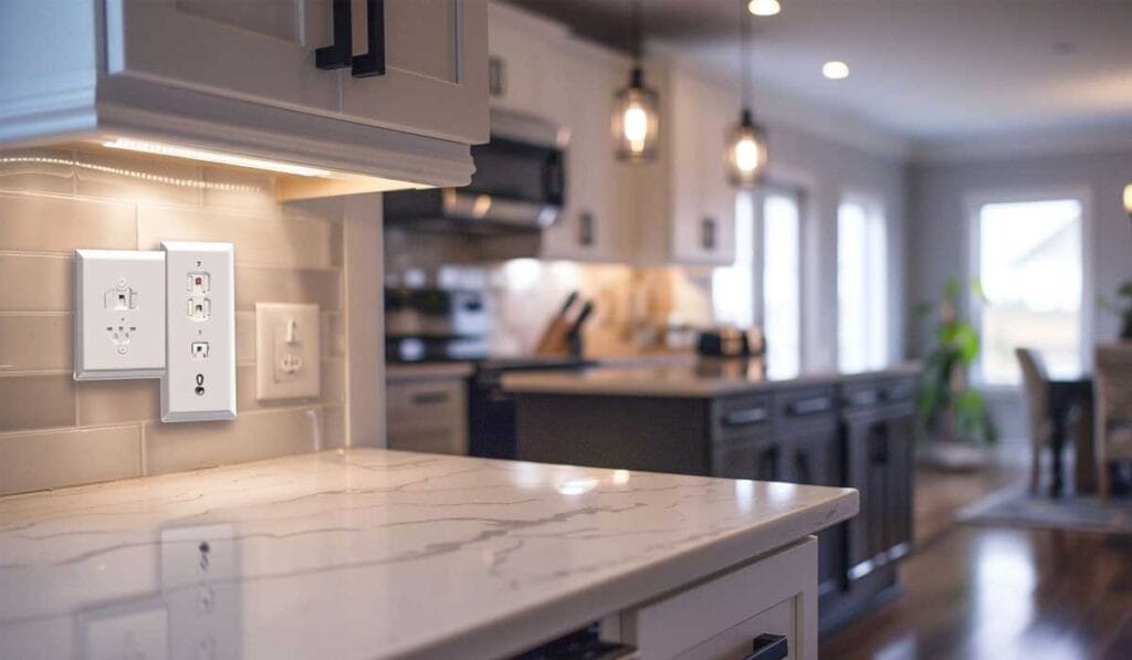 Modern kitchen with marble countertops, white cabinets, and pendant lights. Reflective tile backsplash features electrical outlets. Bright natural light from windows in the background. Looking at GFCI in the wall.