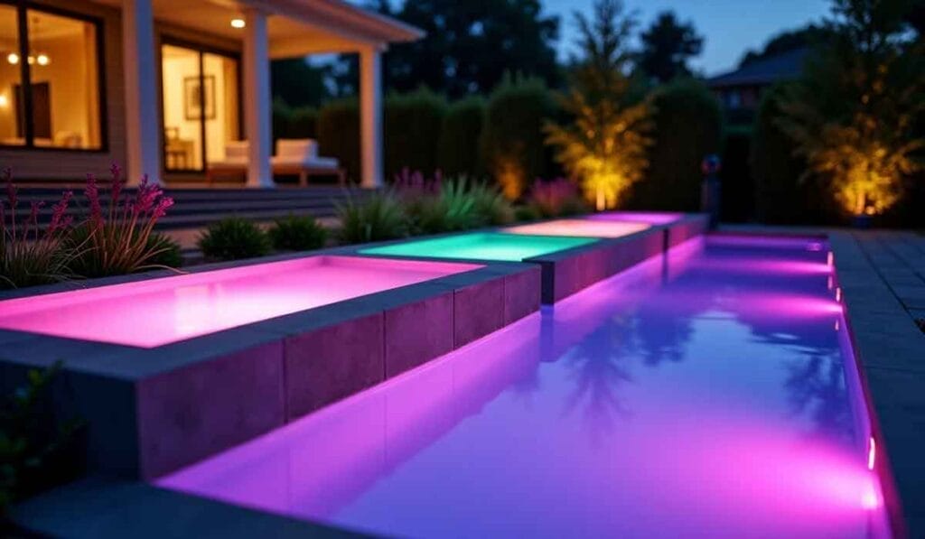 Modern backyard with a multi-level rectangular pool, illuminated by colorful lights, near a house with a lit patio at dusk.