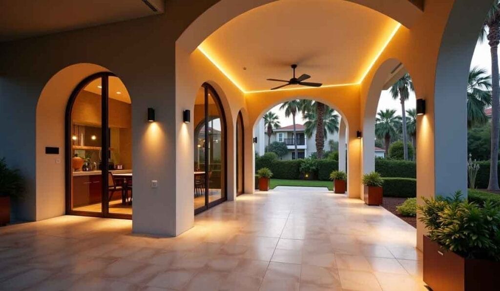 A lit outdoor patio with arches features a ceiling fan, potted plants, and a view of a garden and distant buildings.