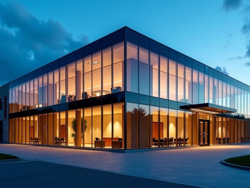 A modern glass office building at dusk, with lights illuminating the interior and a darkening sky in the background.