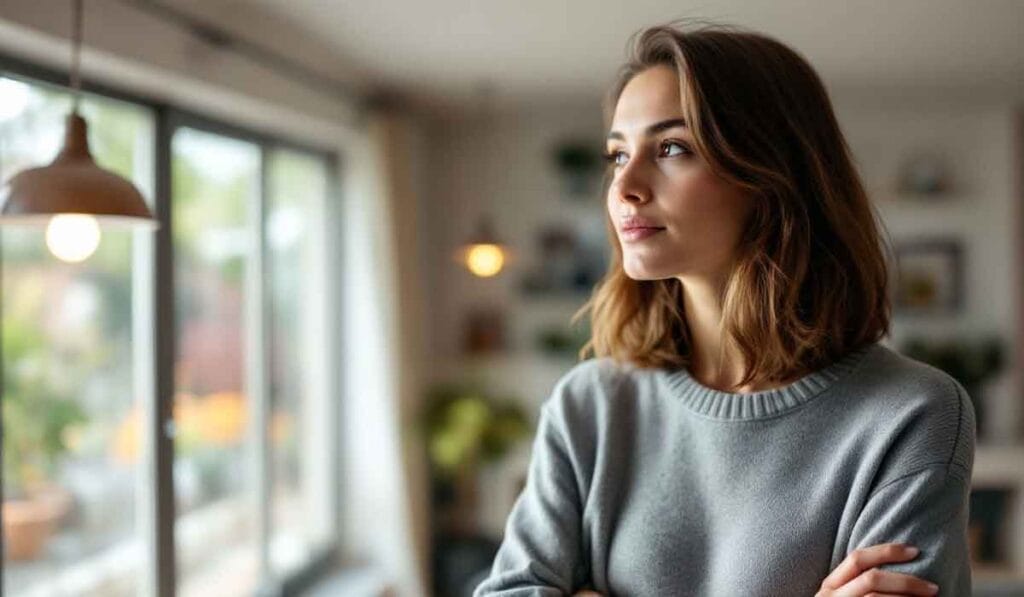 A woman with shoulder-length hair stands indoors, gazing out of a window with a thoughtful expression, wearing a gray sweater.