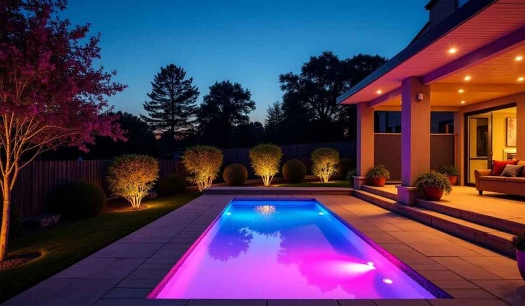 Backyard with a rectangular pool lit in pink and blue, surrounded by neatly trimmed bushes and trees at night, adjacent to a covered patio with seating.
