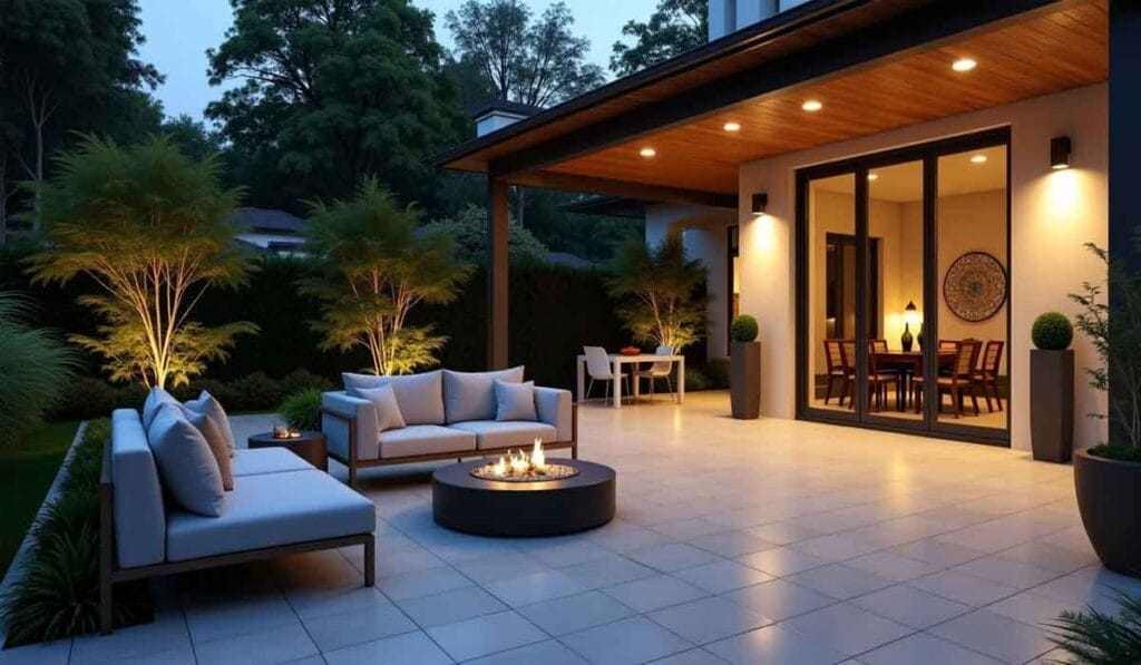 Modern patio at dusk with outdoor seating, a lit fire pit, and warm lights. Glass doors open to a dining area inside. Trees and shrubs surround the space.