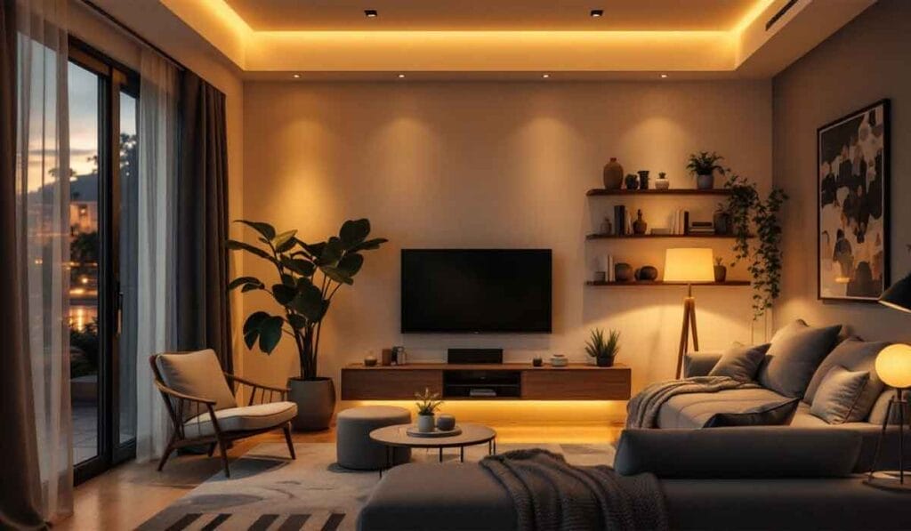 A modern living room with ambient lighting, featuring a TV, sofa, armchair, coffee table, plants, and wall shelves. The room has floor-to-ceiling windows with curtains.