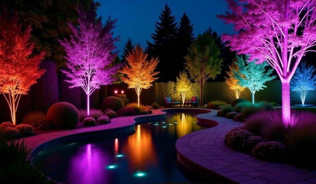 Colorful lights illuminate trees and a curvy pool at night, surrounded by neatly trimmed bushes and a seating area.
