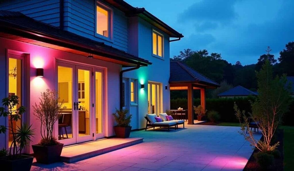 Modern house exterior at dusk with colorful outdoor lighting, a patio with lounge chairs, and surrounding greenery.