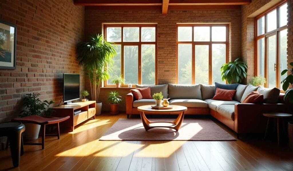 A cozy living room with a large sectional sofa, brick walls, sunlight streaming through large windows, and lush green plants.