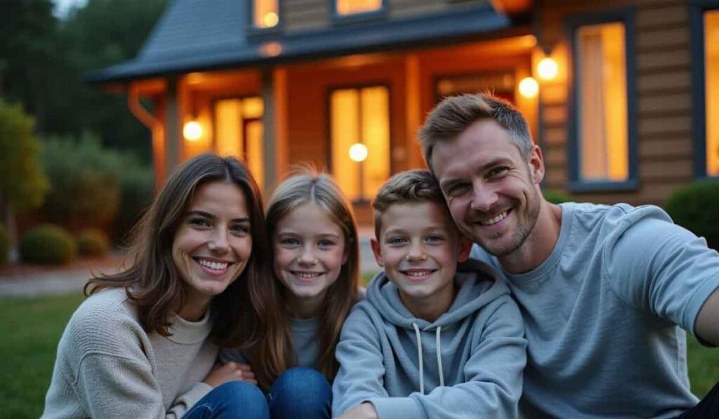 A family of four, two adults and two children, sit together smiling in front of a house with lit windows at dusk.