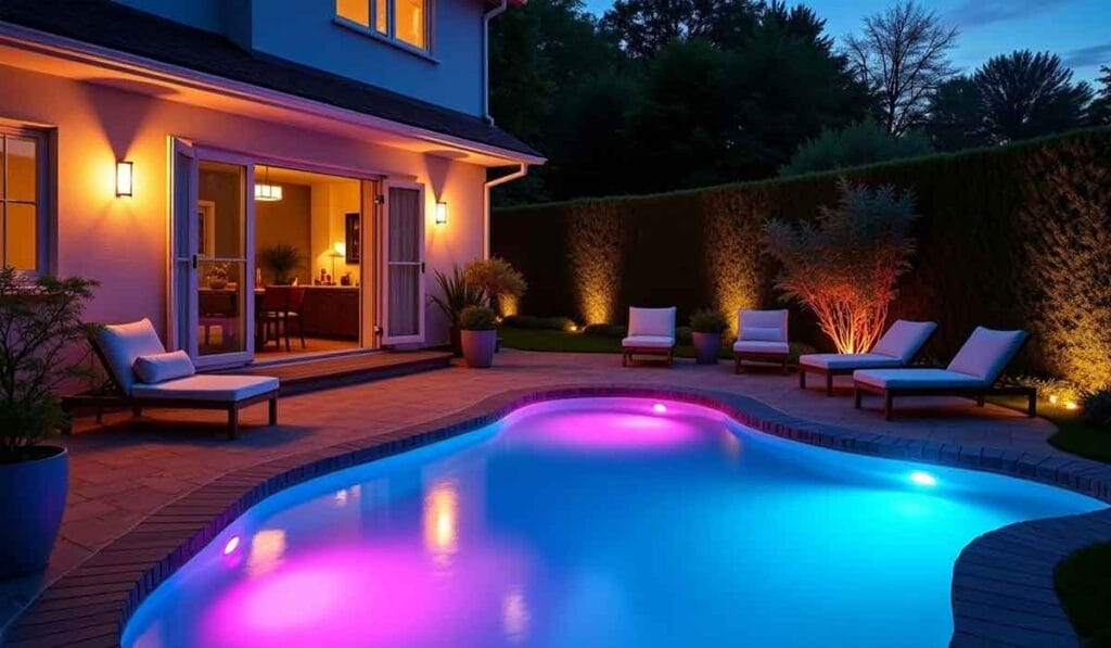 Backyard pool area at night with glowing pink and blue lights, surrounded by lounge chairs and greenery. House interior is warmly lit through open doors.