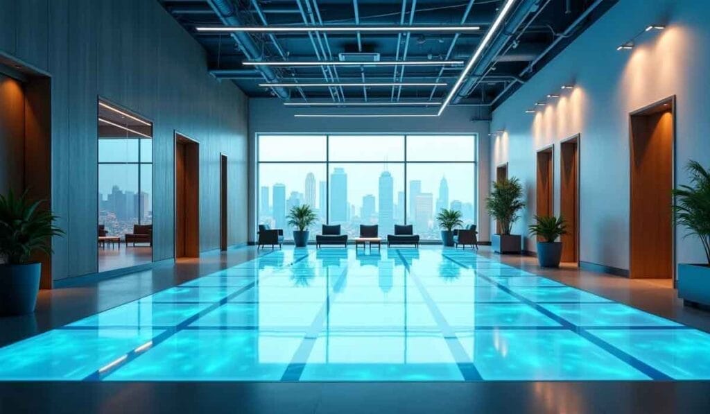 Modern indoor pool with a blue-lit floor, surrounded by plant-decorated wooden doors and lounge chairs. Large window offers a city skyline view.