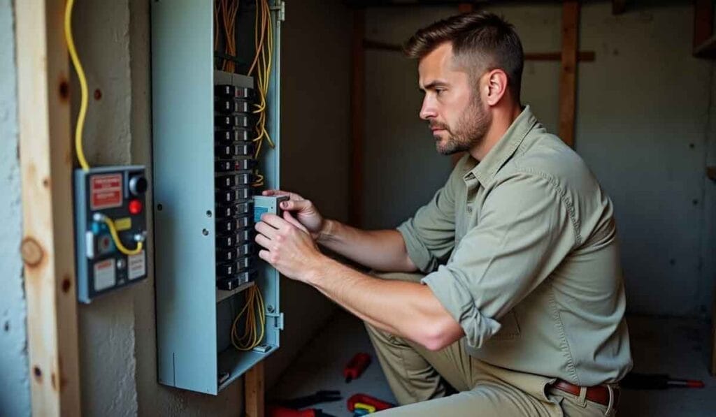 Man examining a circuit breaker panel in a utility room.