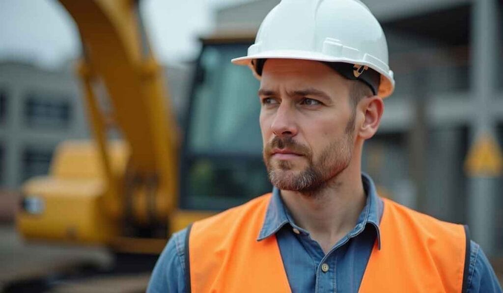 A man in a construction site wearing a white hard hat and an orange safety vest stands in focus, with an excavator blurred in the background.
