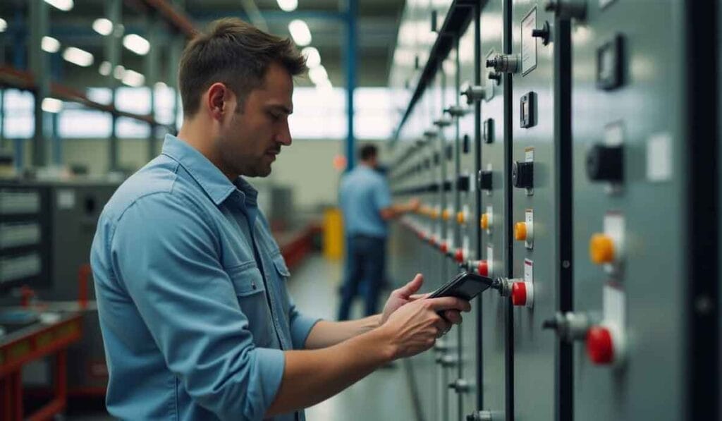 A man operates control panels in an industrial setting.