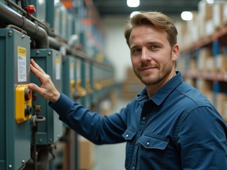 Person in a blue shirt stands beside industrial control panels in a warehouse setting.