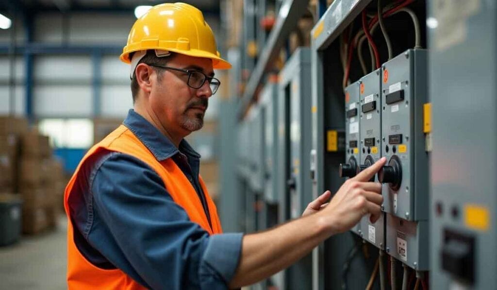 A worker in a hard hat and safety vest operates control panels in an industrial setting.