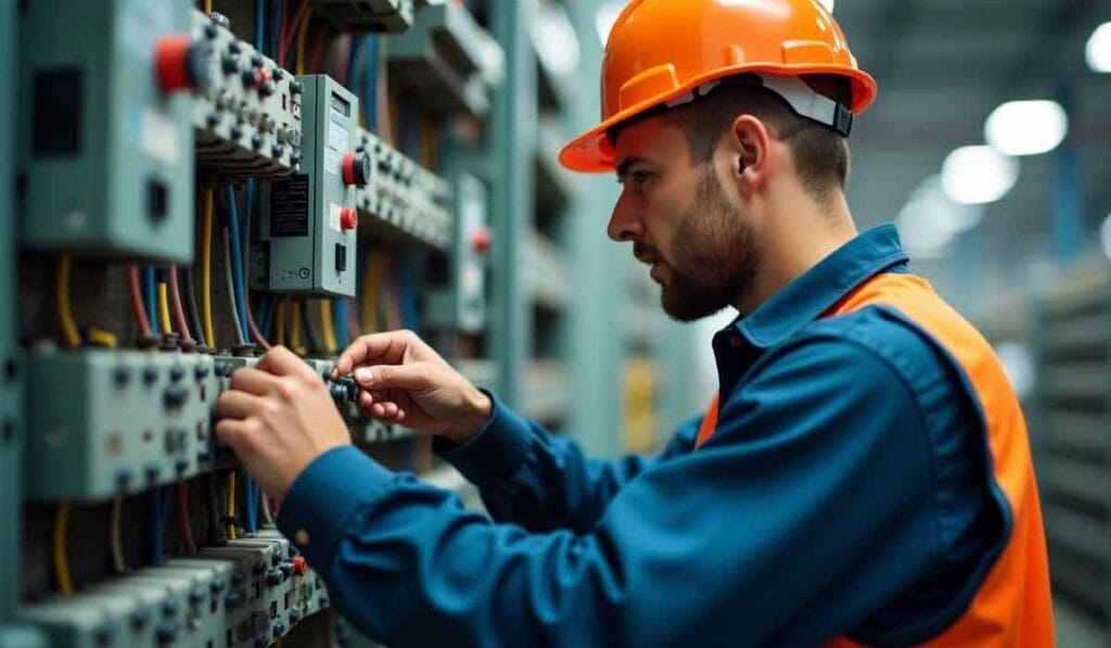 Man in a hard hat and safety vest working on an electrical panel, adjusting wires in an indoor setting.