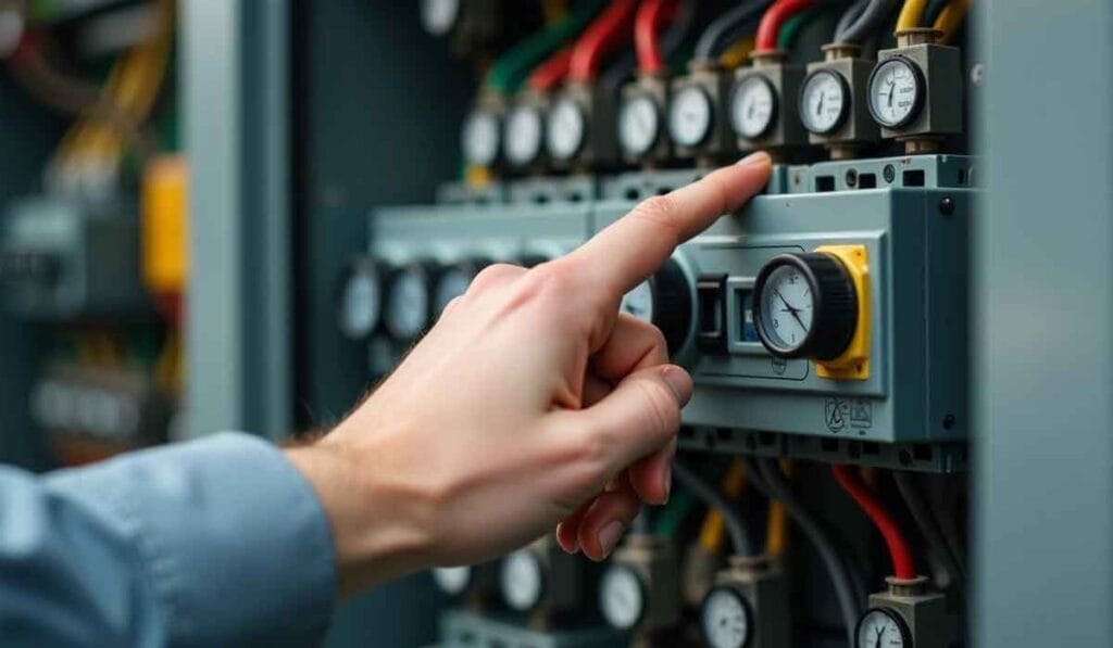 Hand adjusting a dial on an electrical control panel with several gauges and wires visible.