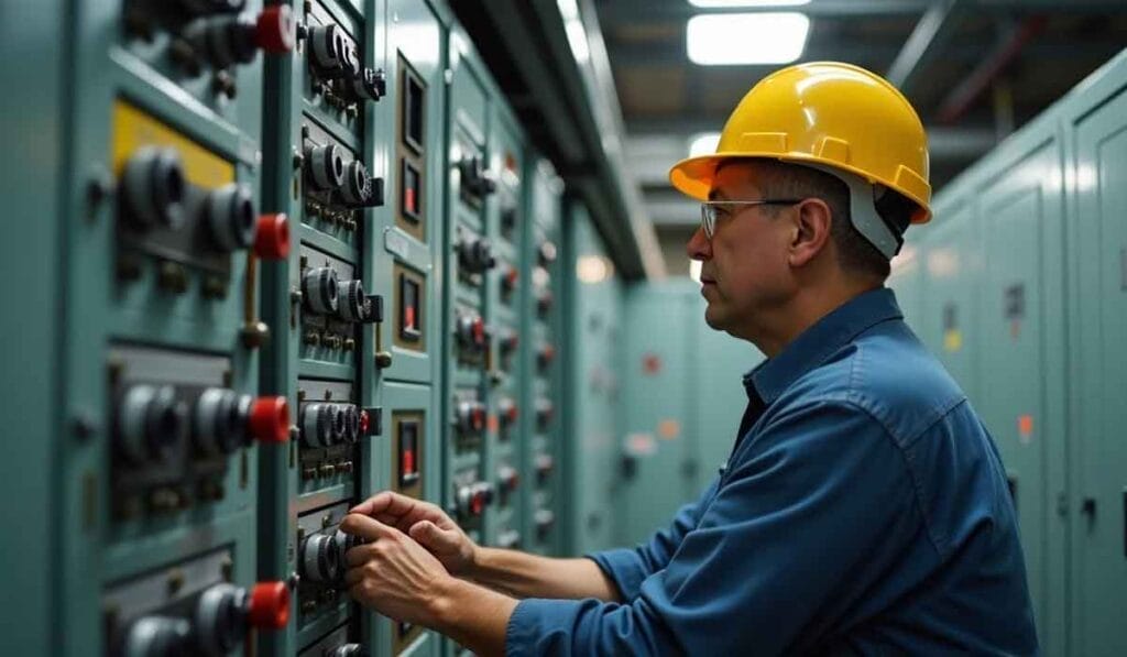 A person wearing a yellow hard hat operates controls on a panel in an industrial setting.