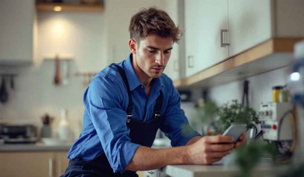 Man in a blue shirt and apron using a smartphone in a kitchen.