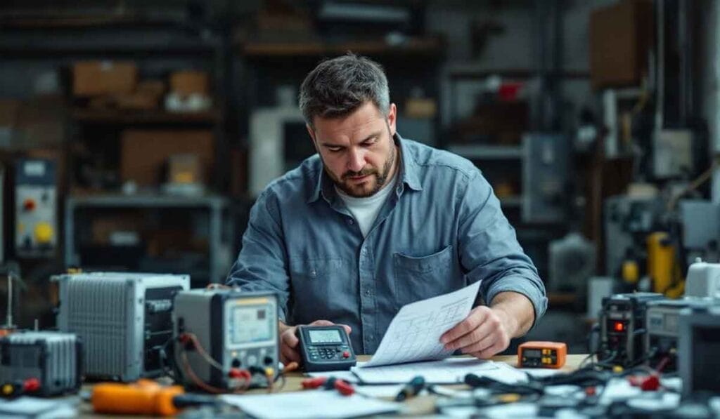 Man in a workshop analyzing technical drawings, surrounded by electronic equipment and tools.