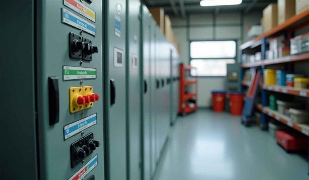 Industrial control panel with labeled switches and buttons, situated in a storage area with shelves and equipment.