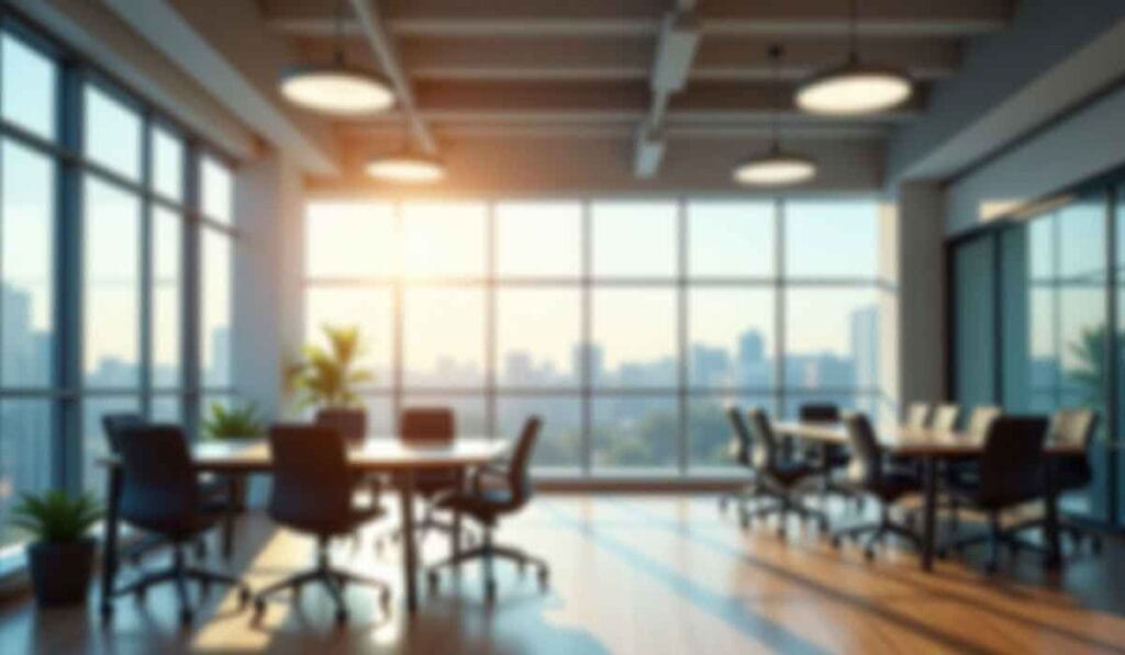 Sunlit modern conference room with large windows, wooden floors, and several office chairs around long tables. Cityscape visible in the background.