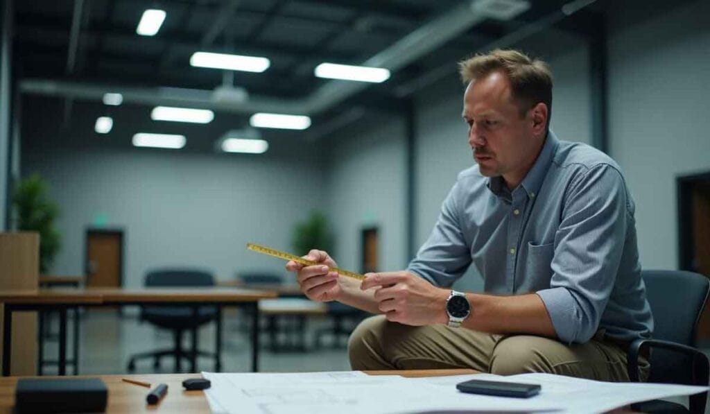 A man in a blue shirt, seated at a desk with blueprints, examines a tape measure in a well-lit room.