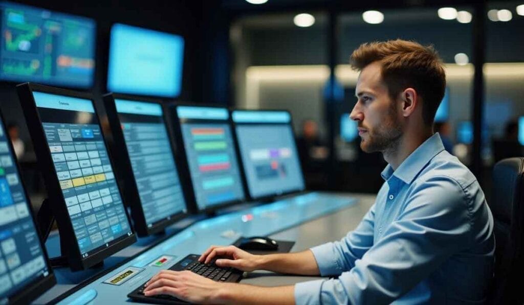 A man in a blue shirt operates multiple computer screens in a control room filled with digital displays.