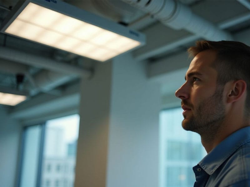 A man in a blue shirt looks up at a ceiling light in a modern office setting.