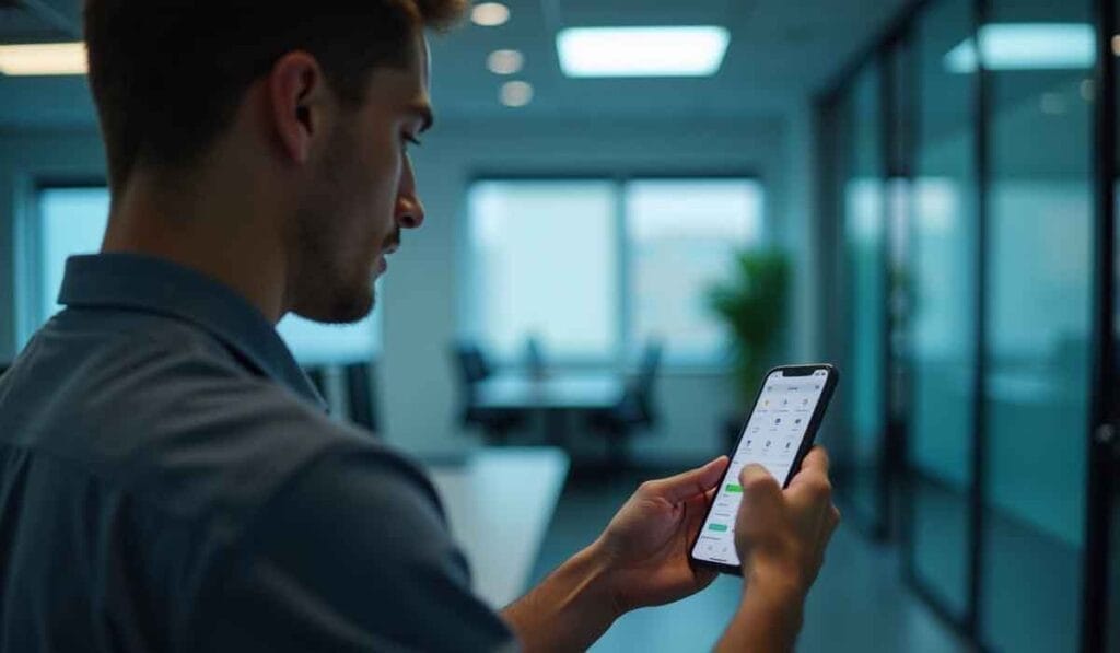 Person in an office checking a smartphone. Blurred background with windows and conference room visible.