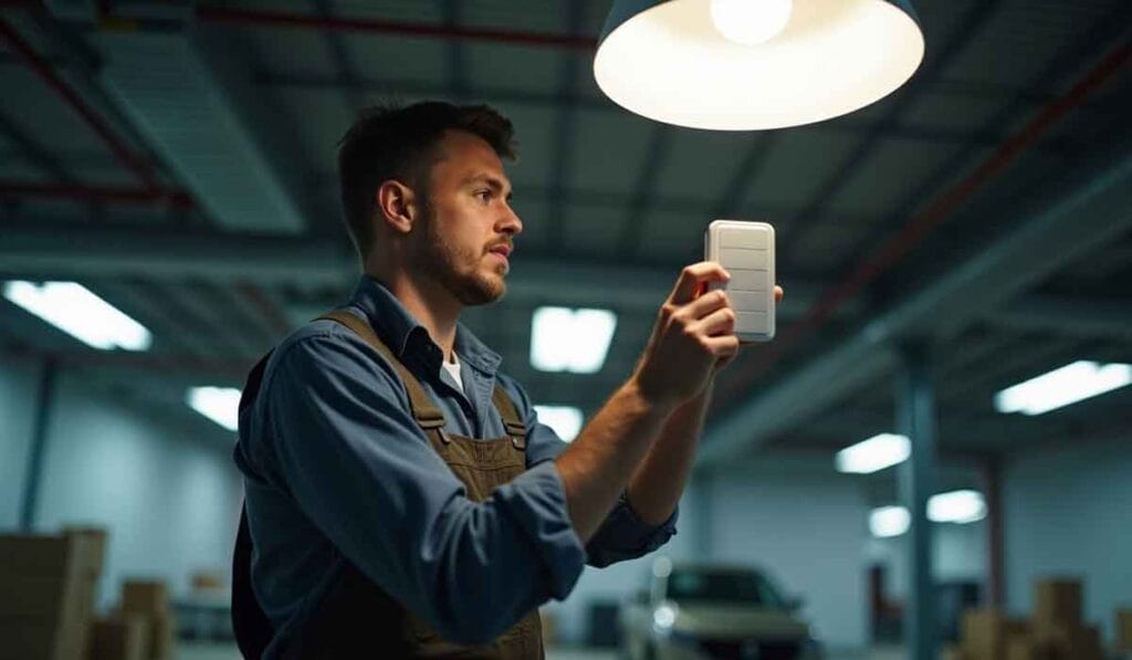 A man in overalls examines a device under a large ceiling light in a spacious, industrial-style room.