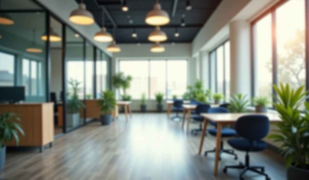 Modern office space with large windows, wooden desks, blue chairs, and plants. Natural light fills the room.