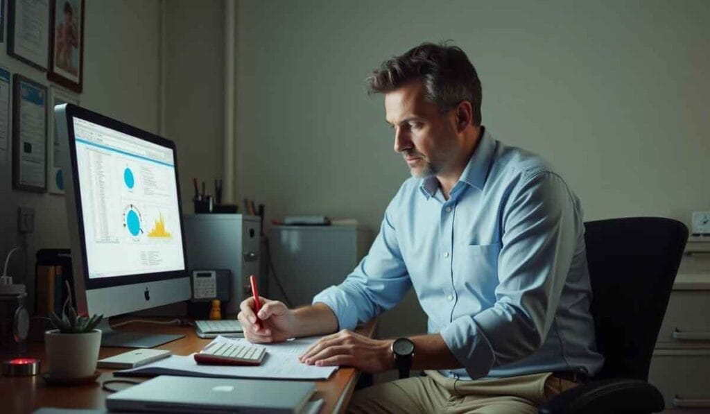 A man in a light blue shirt is sitting at a desk, writing on a notepad. He is focused on a computer screen displaying graphs. The room is dimly lit.