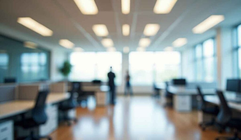 Blurred image of a modern office interior with desks, chairs, and computers, featuring two indistinct figures in the background near large windows.