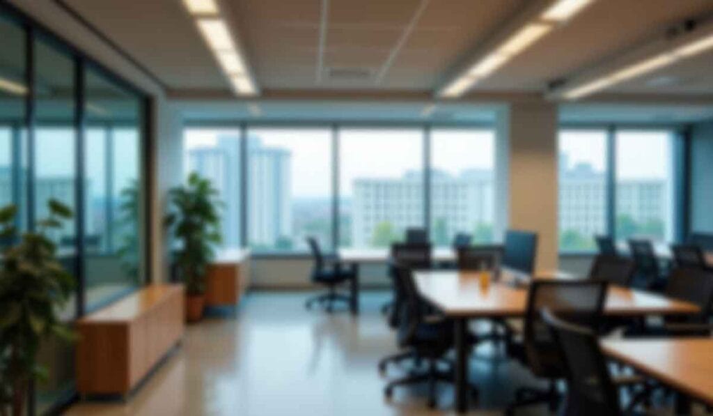 A modern office space with several desks and chairs, large windows offering a city view, and plants near a glass wall on the left.