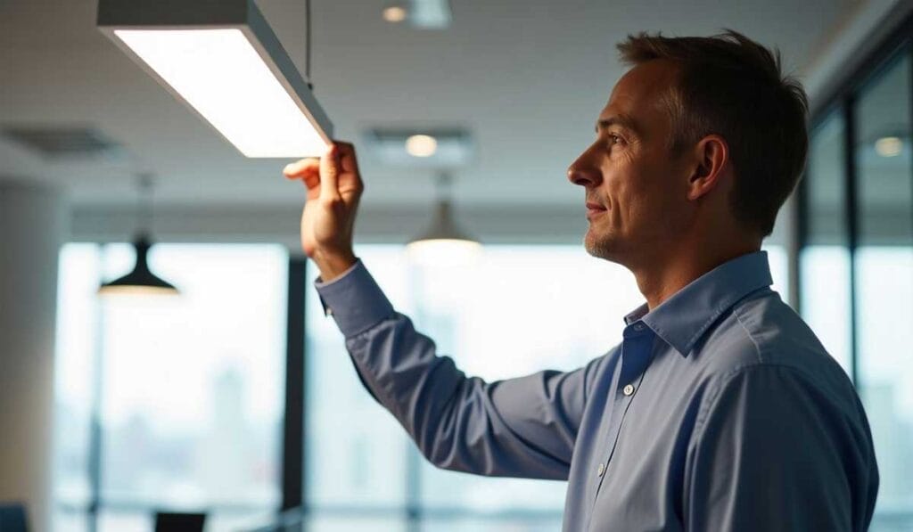 Man in a blue shirt adjusts a ceiling light in an office setting with large windows in the background.
