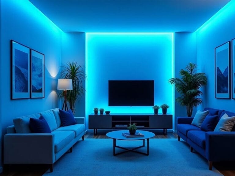 Modern living room with two sofas, a round coffee table, and a TV. Blue LED lights create ambient lighting. Framed pictures and potted plants decorate the space.
