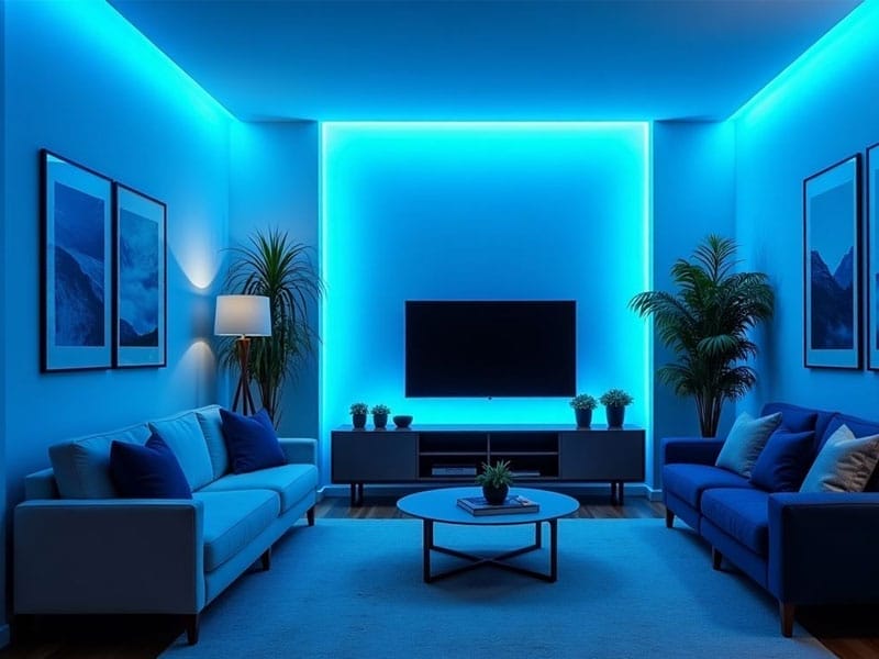 Modern living room with two sofas, a round coffee table, and a TV. Blue LED lights create ambient lighting. Framed pictures and potted plants decorate the space.