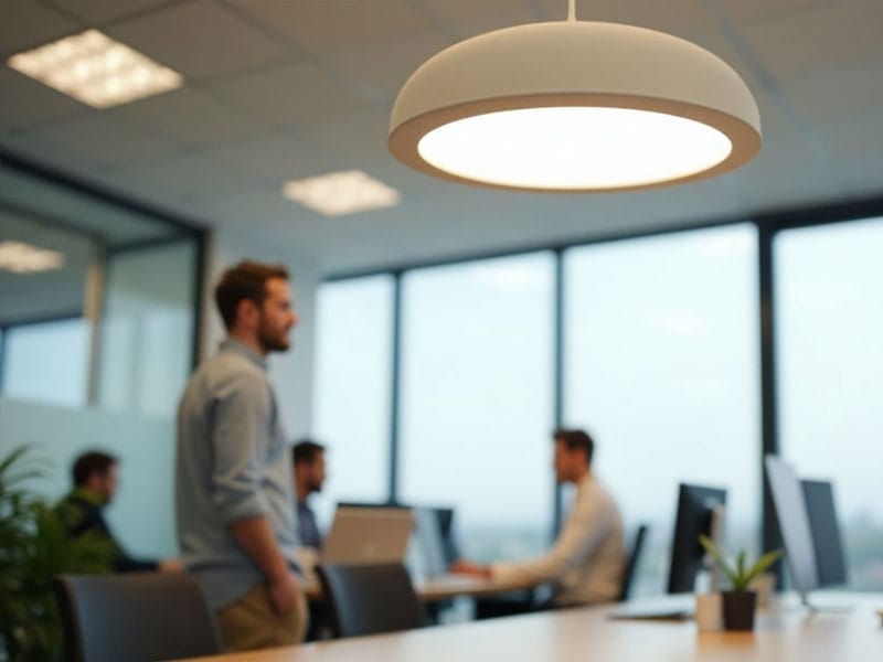 An office with three people working at desks under a ceiling light. A man in the foreground is standing, while the others sit facing computers. Large windows are in the background.