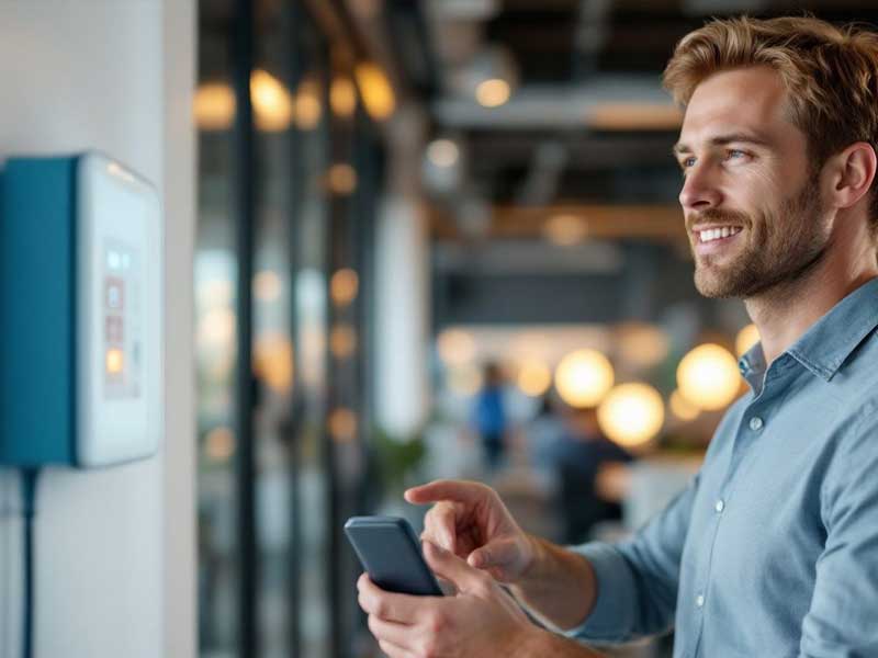 A man in a blue shirt smiles while using a smartphone in a modern office with bright lights.