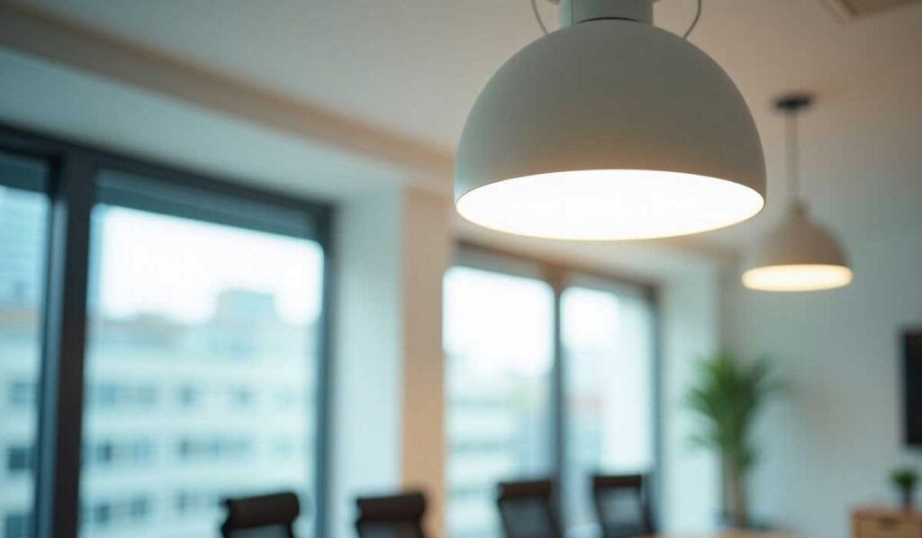 Close-up of a modern white pendant light in a bright meeting room with large windows and out-of-focus office chairs and a plant in the background.