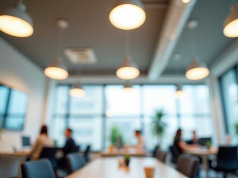 Blurred image of a modern office with people working at desks, large windows, plants, and ceiling lights.