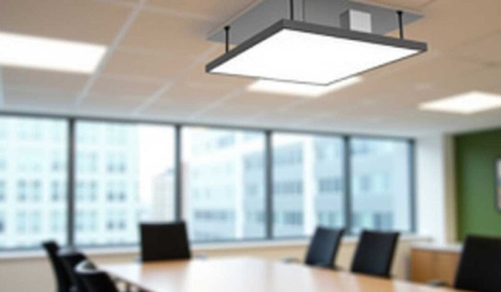 Office meeting room with rectangular ceiling light above a wooden table surrounded by black chairs. Large windows with a cityscape view in the background.