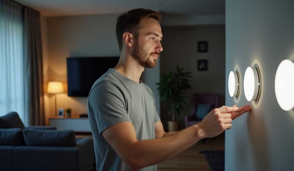 Man in a gray t-shirt adjusting modern wall lights in a living room with a sofa, TV, and plants.