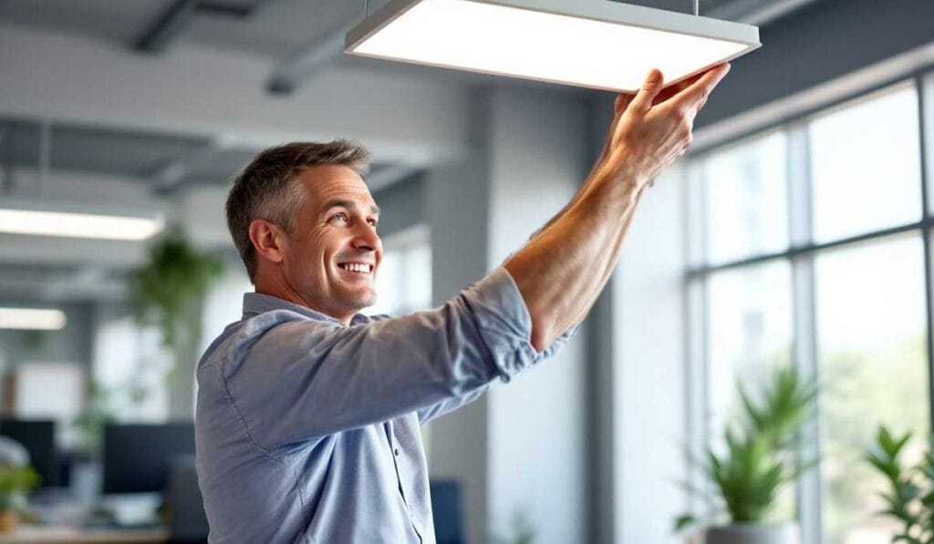 Man adjusting a ceiling light in a modern office with large windows and plants.