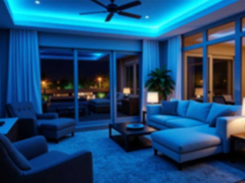 Modern living room with ambient blue lighting, sectional sofa, armchairs, coffee table, and large windows showing a night view.
