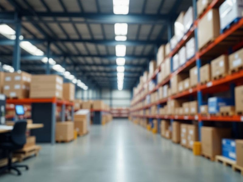 Blurred view of a spacious warehouse with tall shelves filled with boxes. A workstation with a computer is visible on the left.